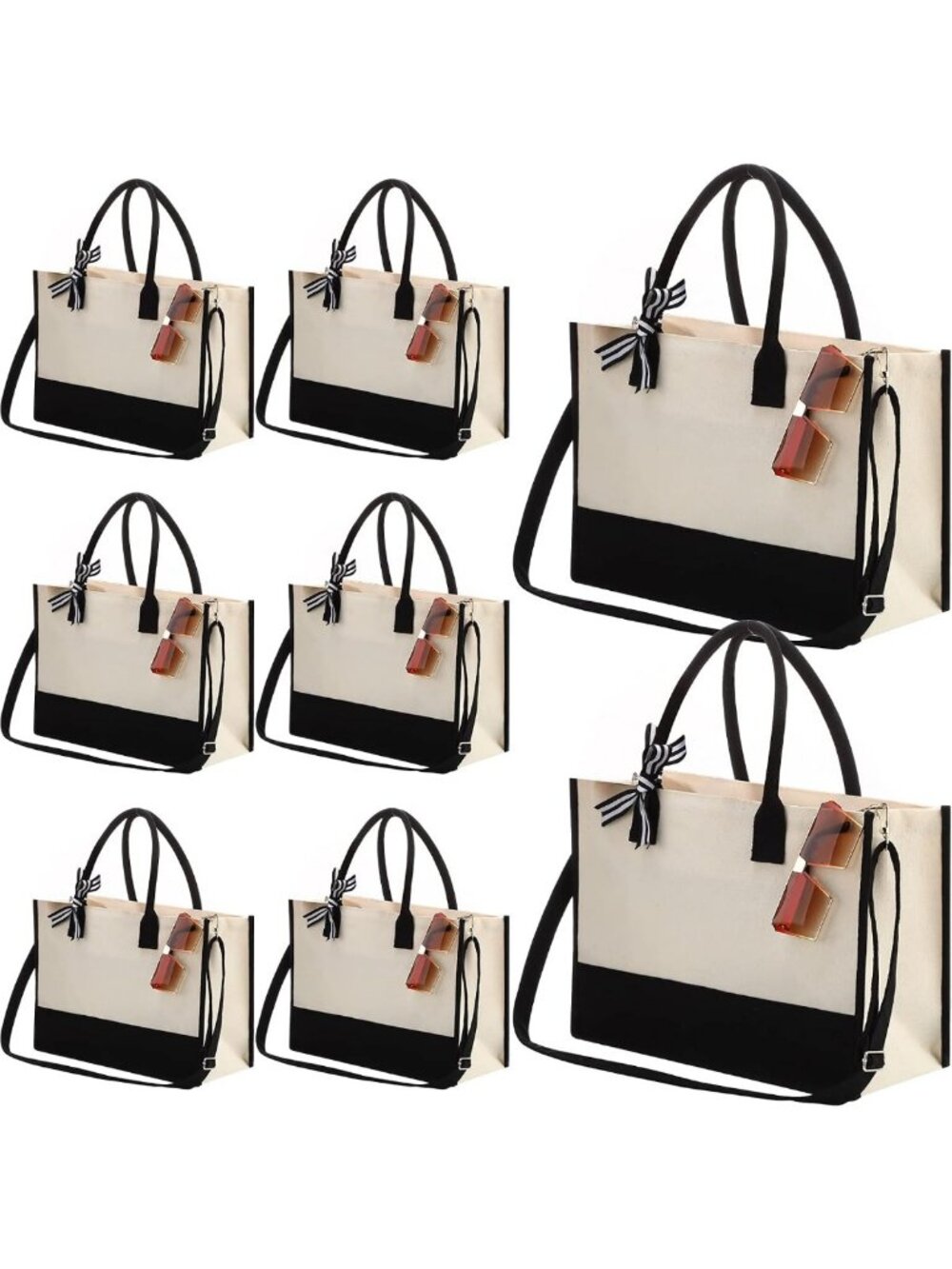Stylish 8 PCS Canvas Tote Bags with Zipper & Shoulder Strap - Perfect Gift for